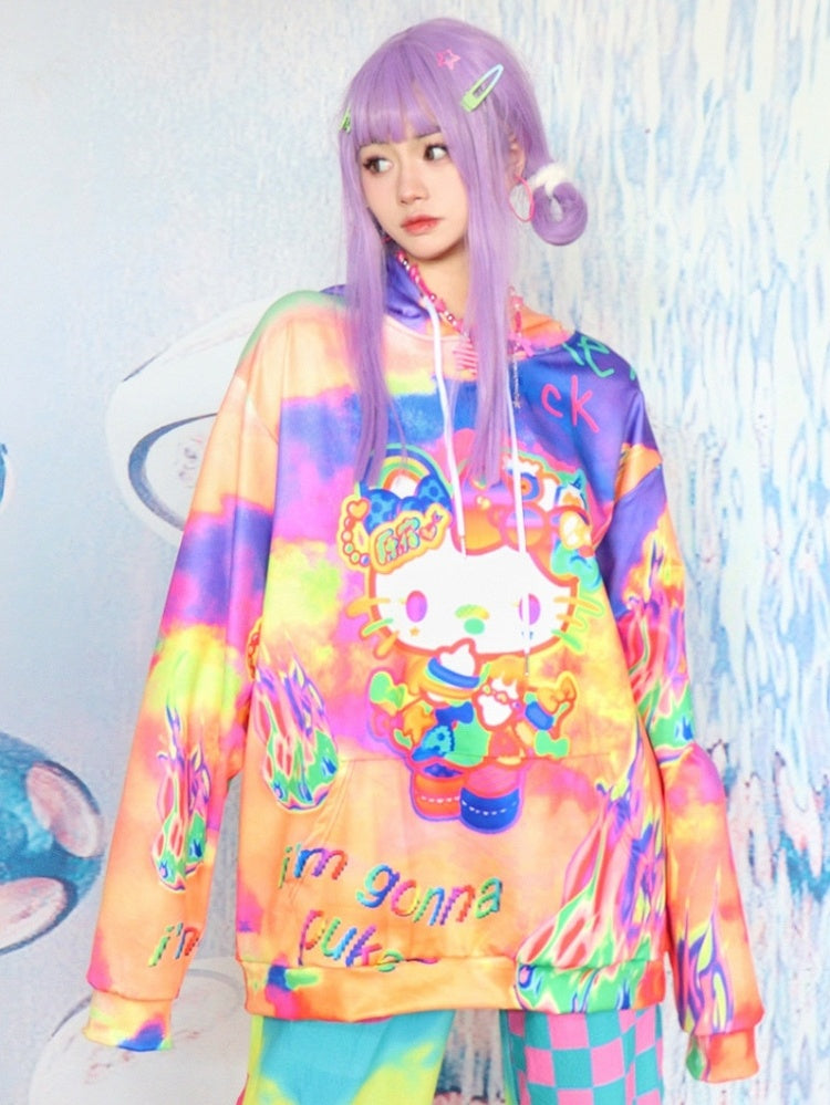 Hoodie mit Buchstaben- und Y2K-Kätzchen-Print Orange Fire