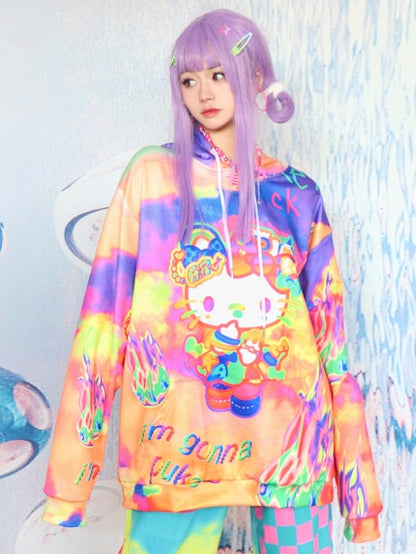 Hoodie mit Buchstaben- und Y2K-Kätzchen-Print Orange Fire