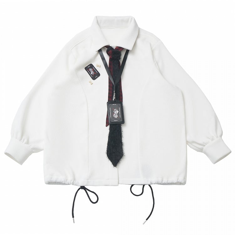 White Long-Sleeve Drawstring-Hem Shirt with Red Plaid Tie