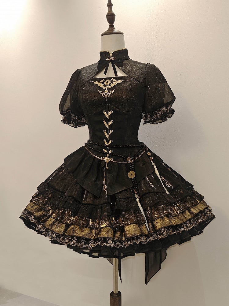 Shimmering Black Gold Chinoiserie Lolita OP with Chinese Embroidery Flounce Hem - YING YUE