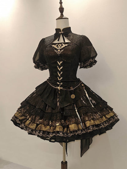Shimmering Black Gold Chinoiserie Lolita OP with Chinese Embroidery Flounce Hem - YING YUE