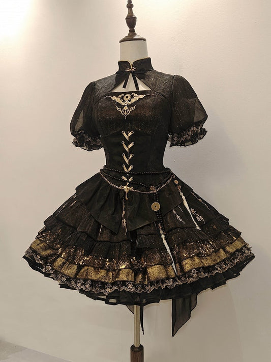 Robe Lolita OP Chinoiserie Or Noir Chatoyant avec Broderie Chinoise et Ourlet à Volants - YING YUE