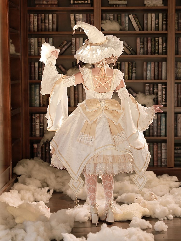 Witch-Themed Cross Accent Lolita JSK Full Ensemble in White and Gold with Oversized Bow Train, Cape, Detachable Sleeves, Hat and Outer Sleeves - Felinae Cookie