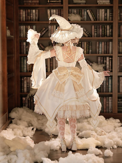 Witch-Themed Cross Accent Lolita JSK Full Ensemble in White and Gold with Oversized Bow Train, Cape, Detachable Sleeves, Hat and Outer Sleeves - Felinae Cookie