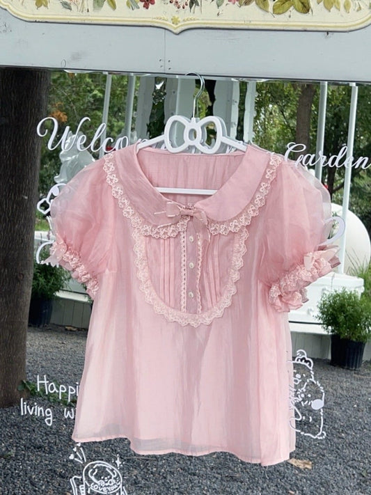 Pink Puff Sleeves Peter Pan Collar Blouse