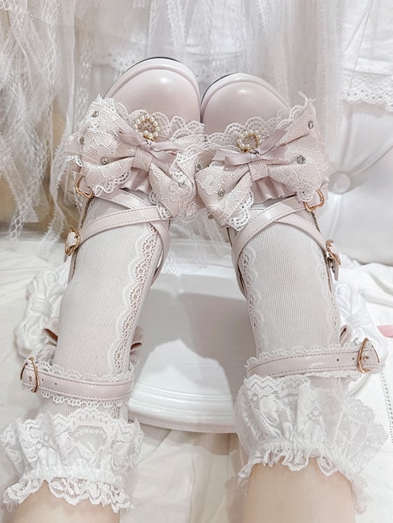 Bow Heart High Jirai Pink Shoes Buckles Block Design Top Heels Crisscross at Platform Kei