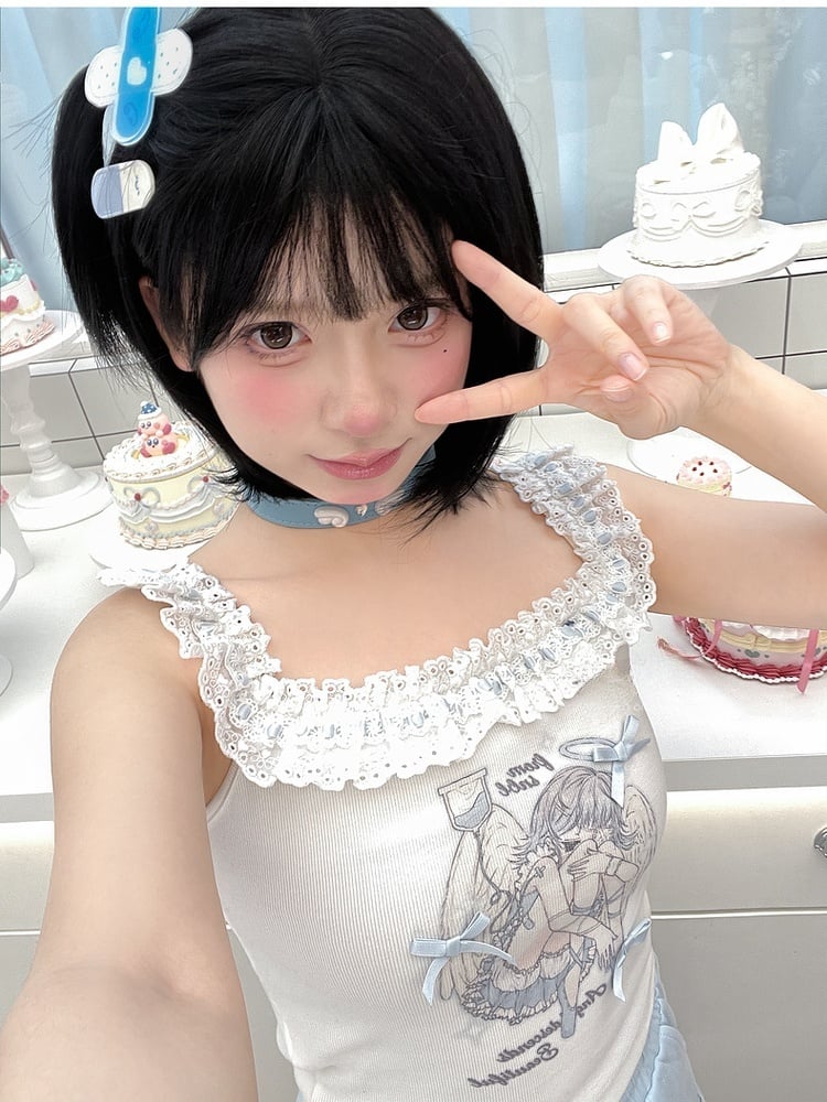 White Ruffled Square Neckline Anime Girl Print Sleeveless Top