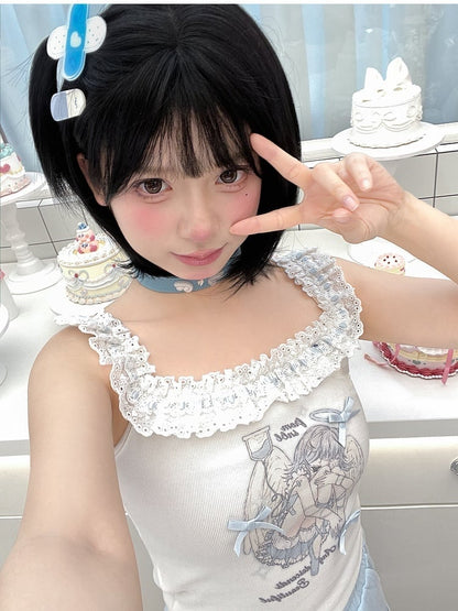 White Ruffled Square Neckline Anime Girl Print Sleeveless Top