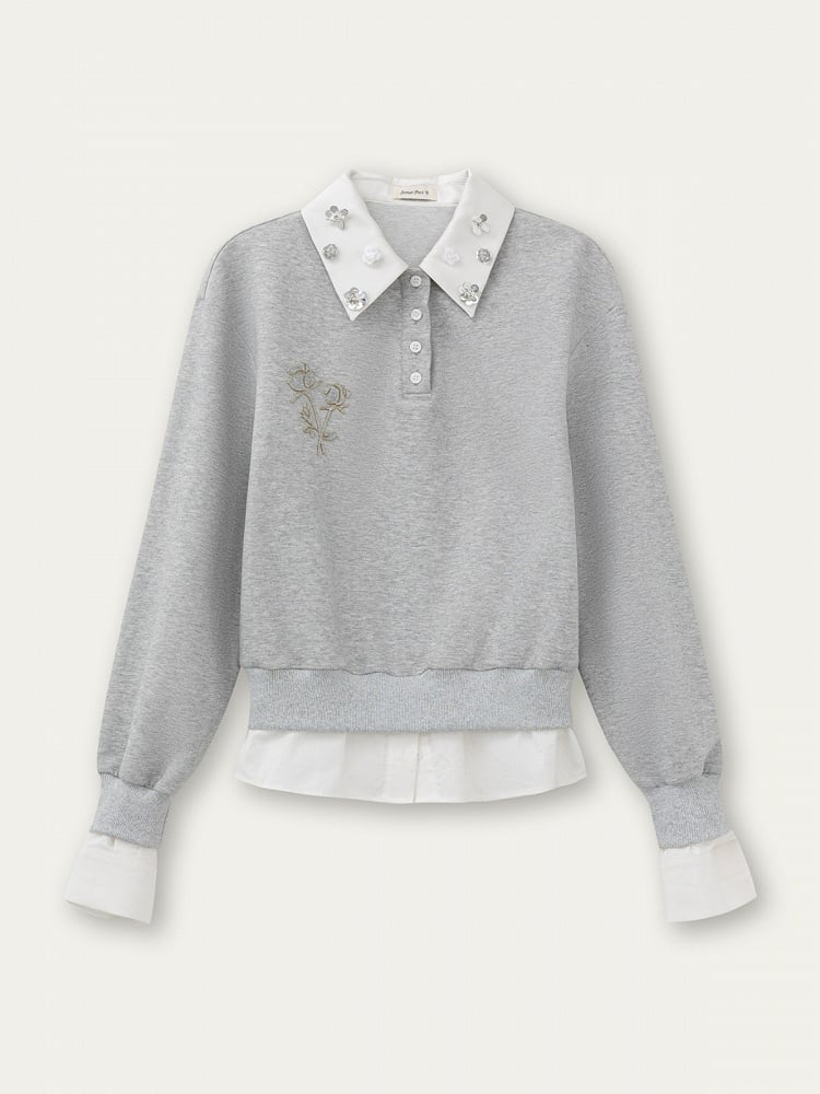 Shirt Embroidery Accents and Gray Faux Rose Rhinestone Two-piece with