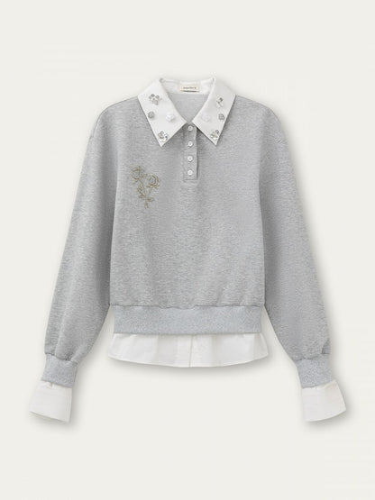 Shirt Embroidery Accents and Gray Faux Rose Rhinestone Two-piece with