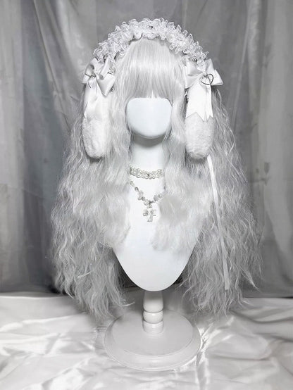 White Full Bangs 60cm Long Wavy Wig with Double Ponytails - Universe Opening