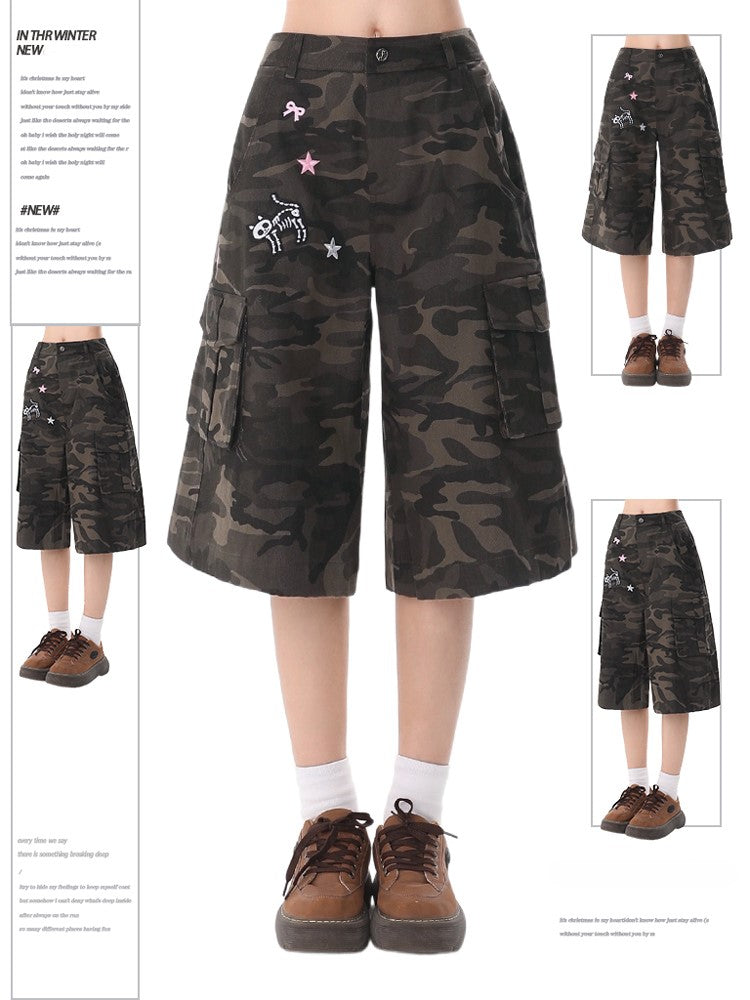 Camouflage Shorts Cargo Skeleton Embroidery Kitty Star with