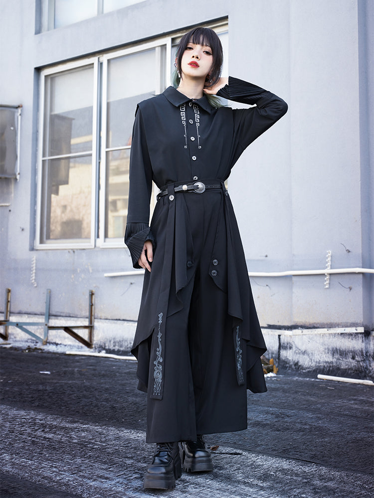 Gothic Black Wide-Leg Trousers with Asymmetrical Layers & Detachable Jellyfish Embroidered Ribbon - Quirky Hut