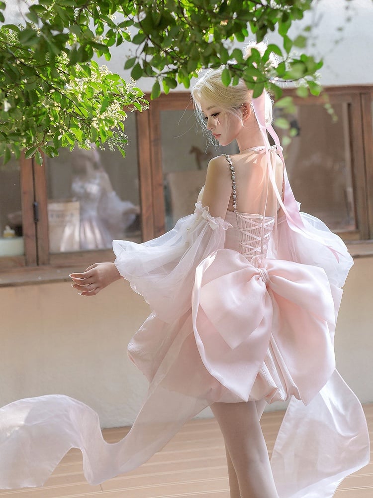 Princess Pink Bow Jacquard Ballet Train Dress + Big Sleeves Lolita Tulle Puff