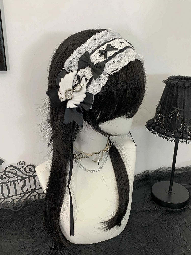 Hairband Black/White Note Bow with Musical Delicate Lace