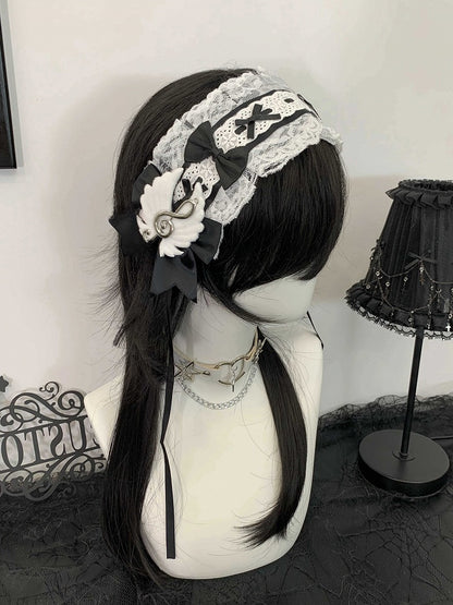 Hairband Black/White Note Bow with Musical Delicate Lace