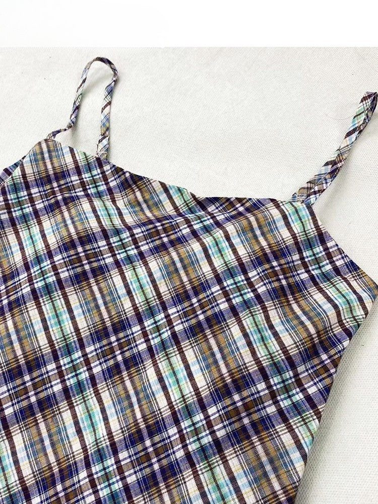 Pattern Asymmetrical Plaid Glamorous Cami Hem Y2K Top BluePurple
