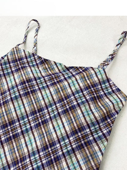 Pattern Asymmetrical Plaid Glamorous Cami Hem Y2K Top BluePurple