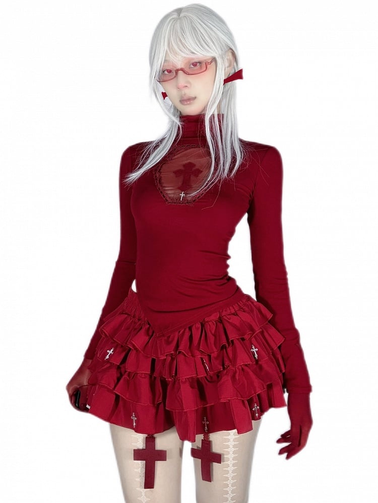 Gothic Red Coffin Cutout Cross Detail Modal High Neck Top Asymmetrical Hem