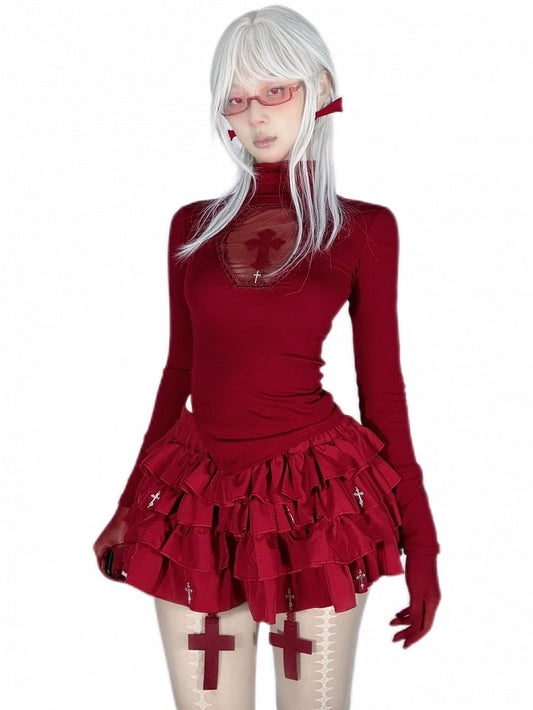 Gothic Red Coffin Cutout Cross Detail Modal High Neck Top Asymmetrical Hem