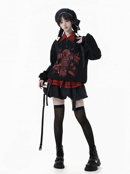 and Anime Graffiti Print Techwear-Style Straps with Girl Letter Snap Detachable Black/White Sweatshirt
