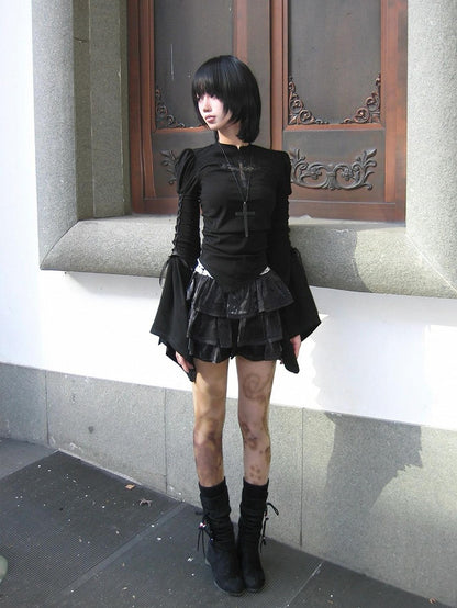 Embroidered Applique Side Top Lace-up with Bell Cross Black Sleeves