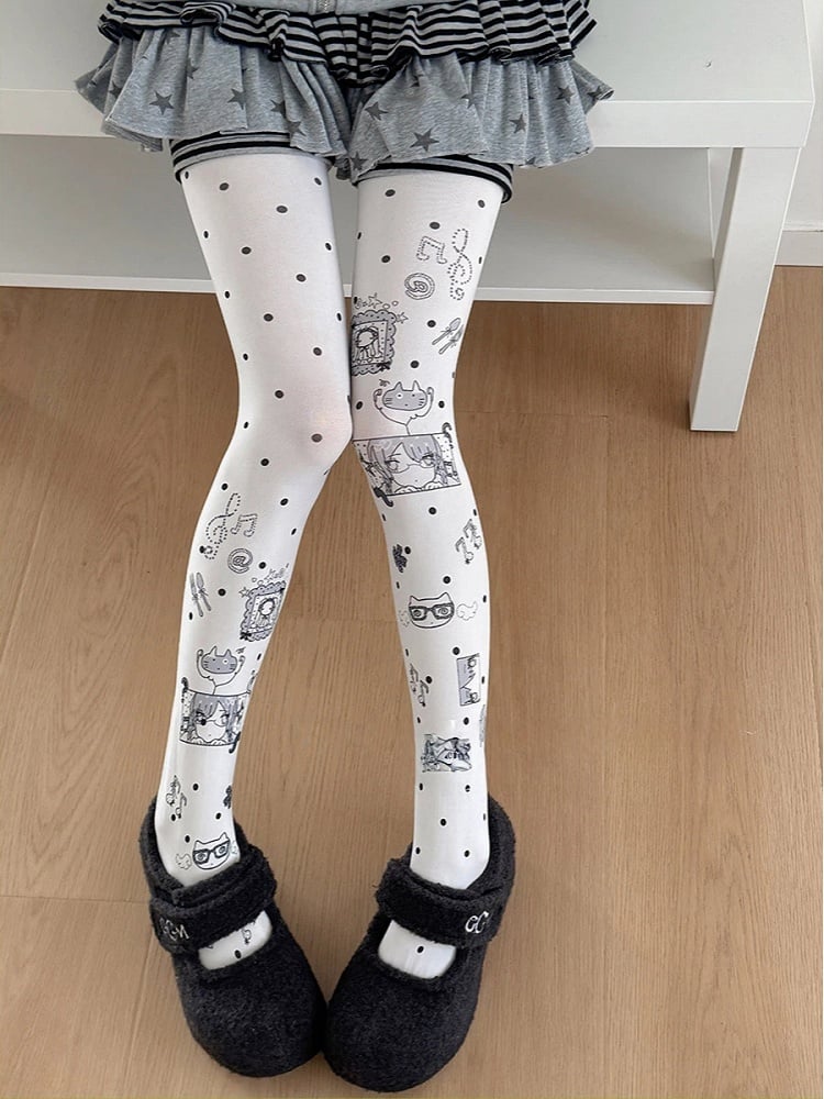 Tights Cute Polka Dot Cat Pattern Opaque