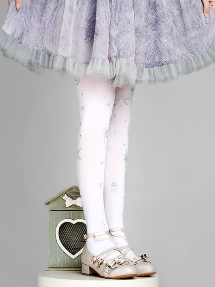 ホワイト/ブラック スノーフレークプリント ロリータタイツ