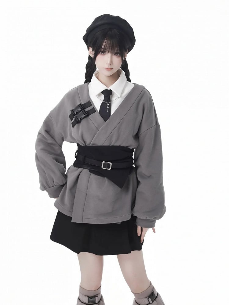 ダークグレーのノッチ付きスウェットシャツ（コルセット付き）