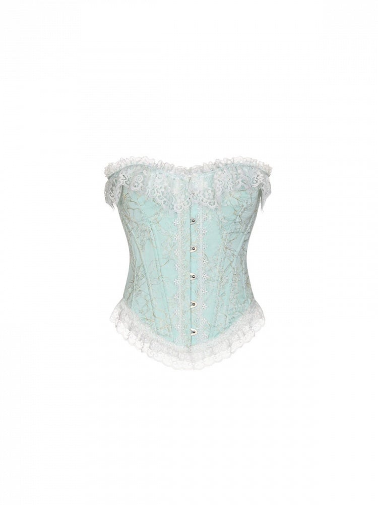 Fishbone Bodice Mint Blue Lace Trim Corset - San Sheng Du