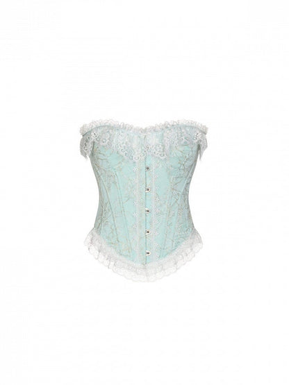 Fishbone Bodice Mint Blue Lace Trim Corset - San Sheng Du