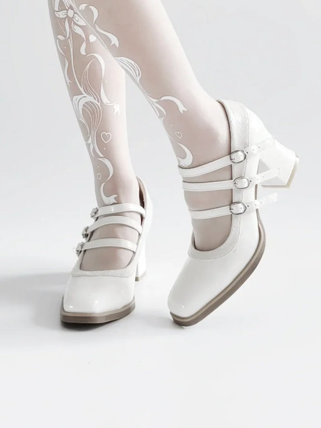 Toe with Buckles Snakeskin PU Shoes White Gothic Pattern 3 Square