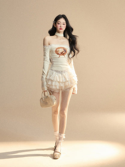 Lamm Print Taille Glamouröse Top Patches Apricot Off-the-Shoulder Spitzenausschnitt