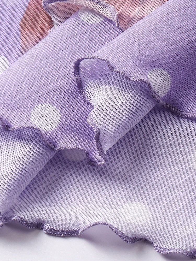 Purple Mesh Tee with Cartoon Girl & Polka Dot Motif - Languid Park