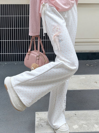 Schlaghose mit gepunkteter Spitze und Schleife, entzückendes Kätzchen-Print, Version Normal/Lang, Rosa, Weiß