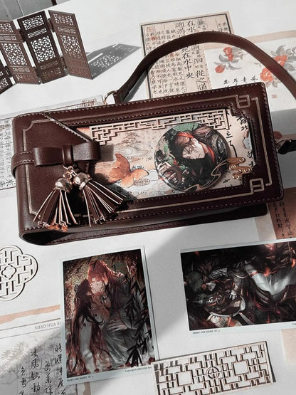 Schleife Braun Cheongsam Muster Blumentasche PU Akzent Ita Stil mit Fransen