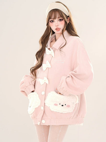 Pink/White Plush Puppy Pockets Polo Collar Jacket