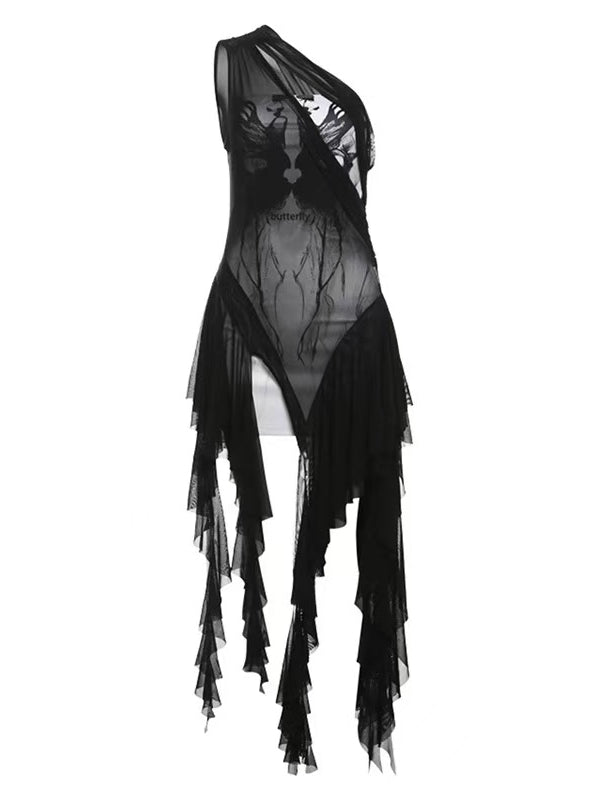 アクセント ビタースウィート カスケード ブラック ラッフル セミシアー