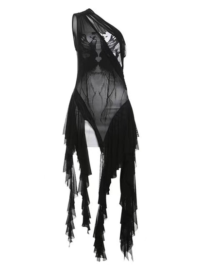 アクセント ビタースウィート カスケード ブラック ラッフル セミシアー