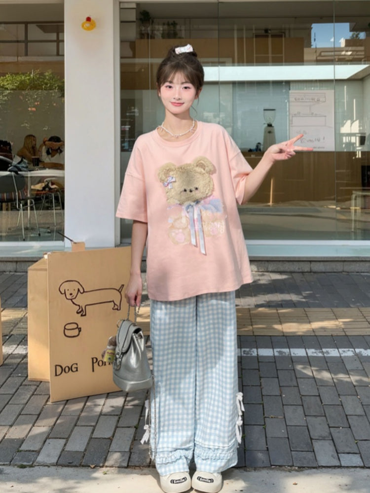 ピンク/グレー ラウンドネック ぬいぐるみ キティ/ベア Tシャツ