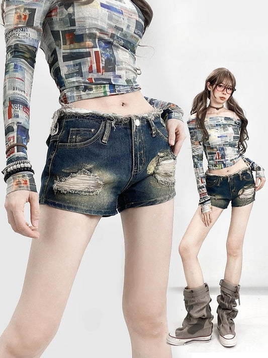 und Shorts Rohe Bündchen Distressed Details Glamourös Y2K Ausgefranst Blau