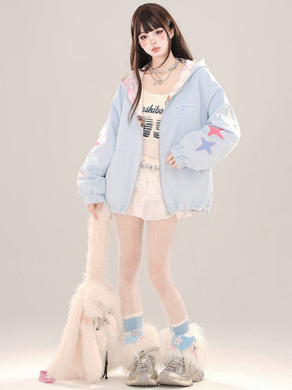 Blue Cute Puppies Pattern Reversible Zip Hoodie