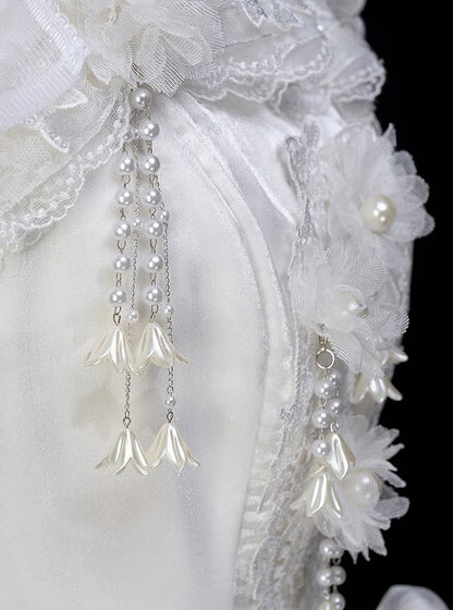 Bead Valley Dress of Lily Bow Embroidered White Sweet with Accents and Lace the Lolita