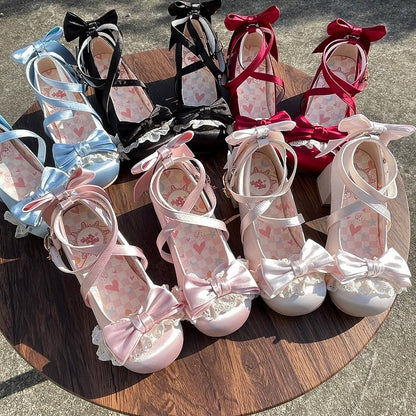 Pink Satin Hime Lolita Mid-Heel Mary Janes with Lace Bow & Ice Cream Clasp - LU XIAO MAN