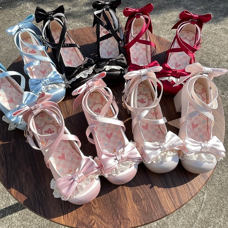 Wine Red Satin Hime Lolita Mary Janes with Lace Bow & Ice Cream Snap - LU XIAO MAN