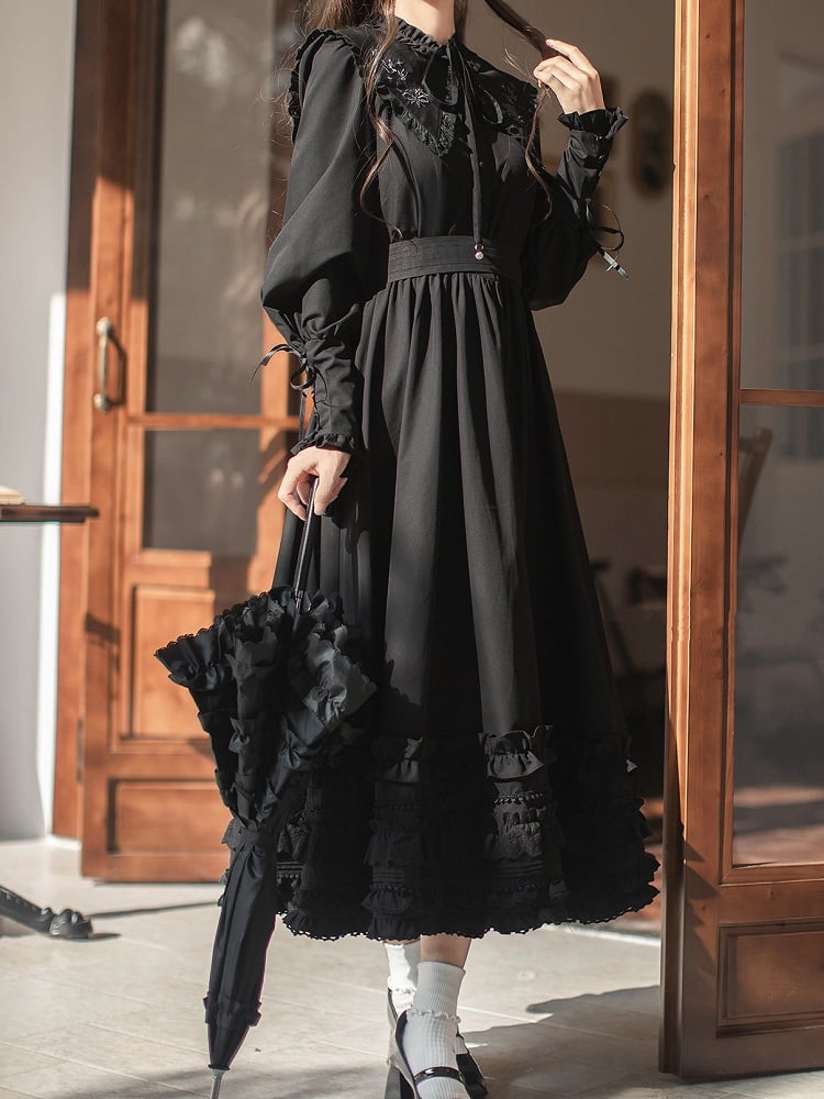 Floral Collar Vintage Cuffs Dress Lace-up Sleeves Leg-of-Mutton with Black Embroidery