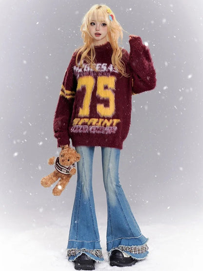 Roter Zahlenmuster Preppy Loose Sweater