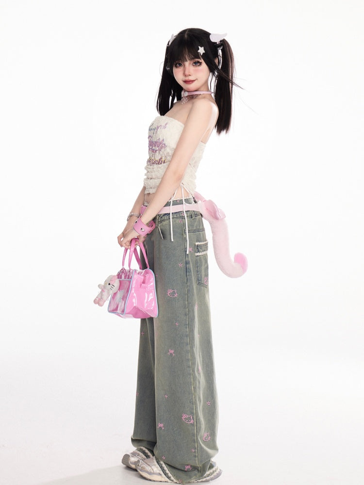 アプリコットドローストリングサイドストラップレストッププリントレースクロップドレター