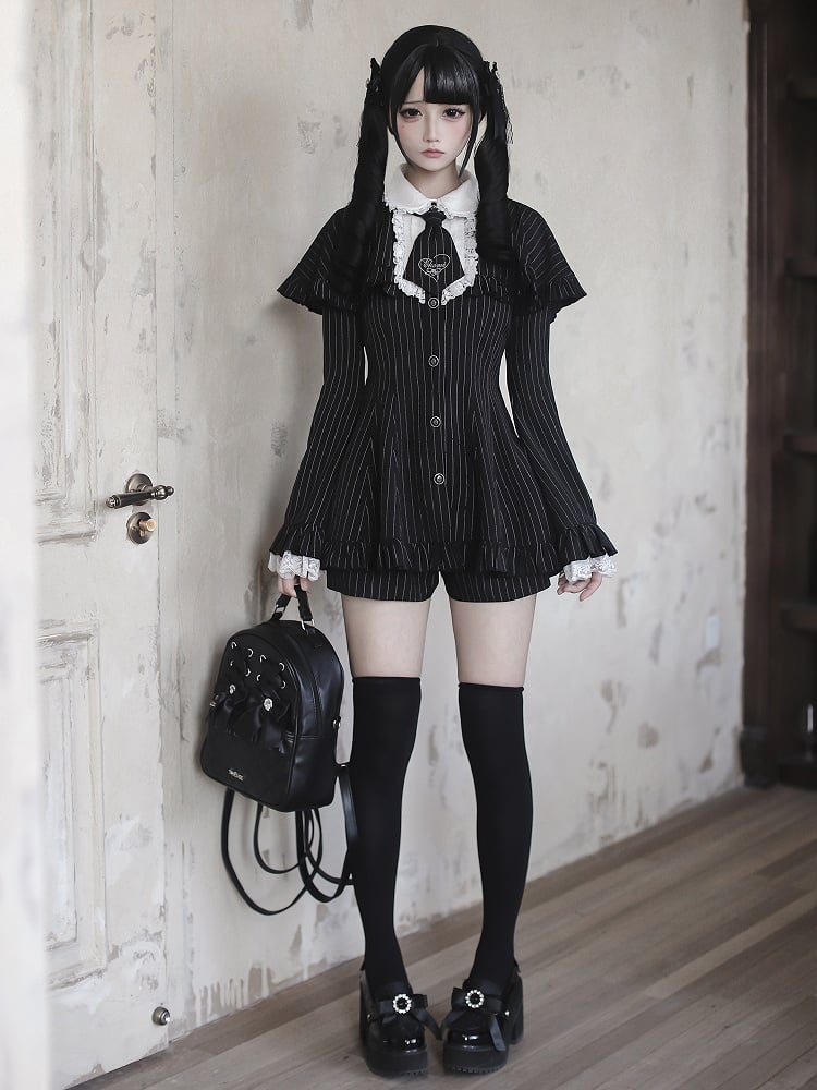 Embroidered Detachable Sleeves Black Bell with Ensemble Tie - Mini Dress Cape Shorts Kei Striped Jirai