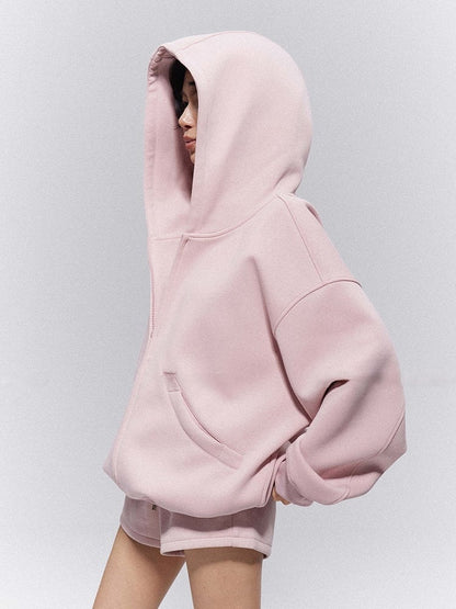Sportswear Hoodie Zip-Up Waist Set: Pink Drawstring Shorts Jacket Casual